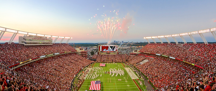 A drone image of a night game at Williams-Brice Stadium.