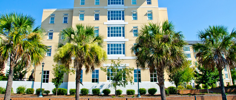 The Honors College dorm with several palm trees in front of a blue sky.