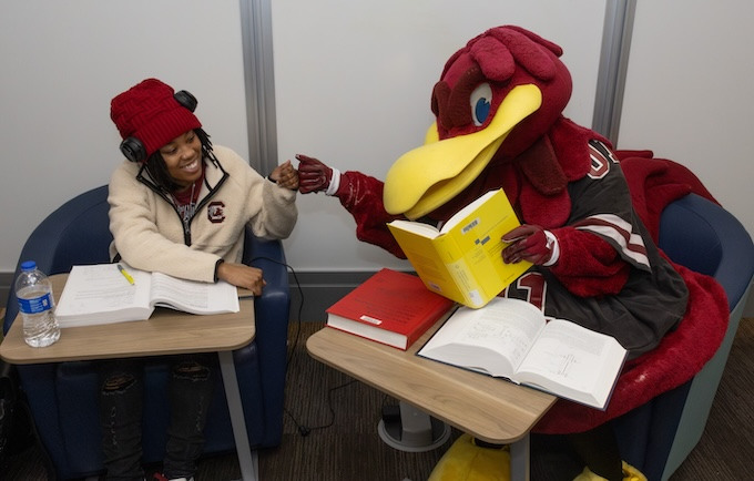 Cocky fist bumping student while studying.