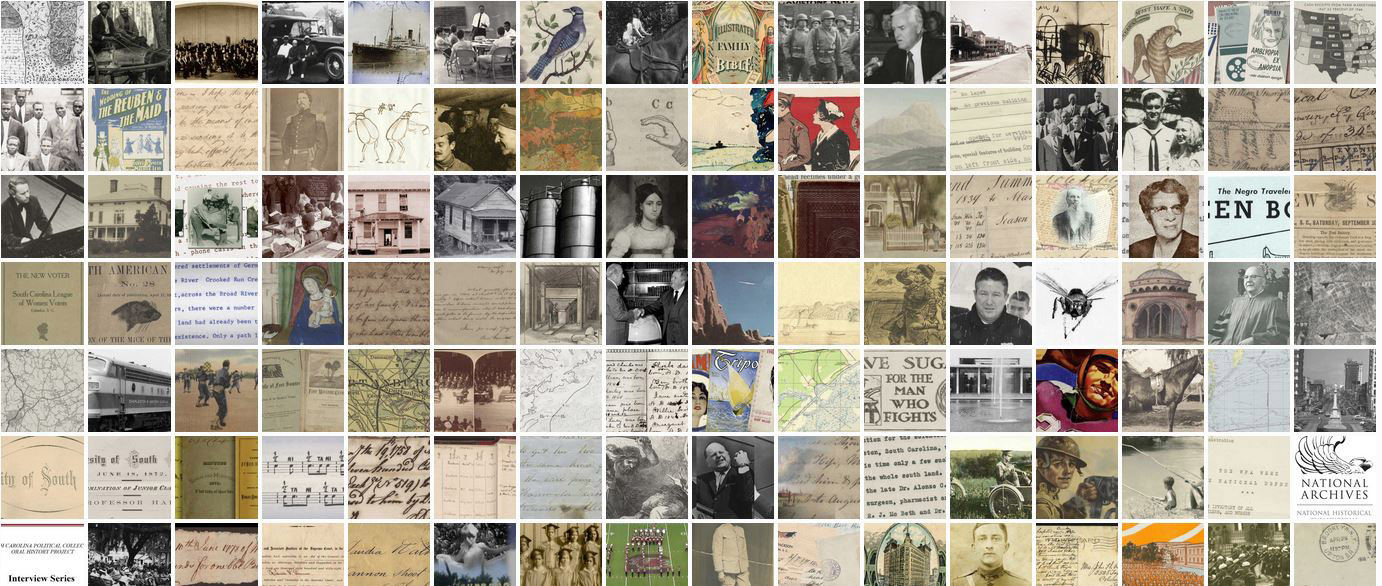 Mosaic banner comprised of many smaller images from various digital collections. These images include photographs, drawings, and text with words too small to be clearly legible.