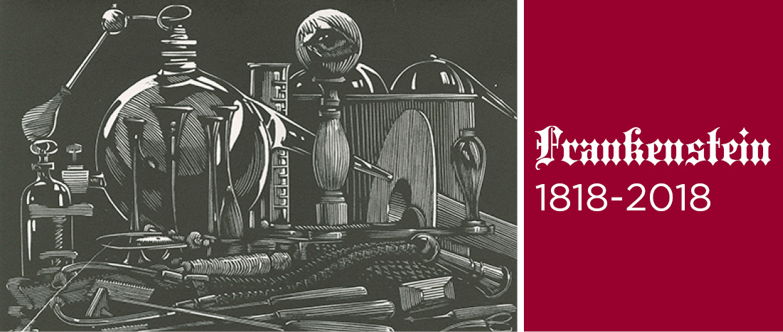 Frankenstein 1818 to 2018 with black and white artwork of laboratory instruments from an old edition of the book Frankenstein