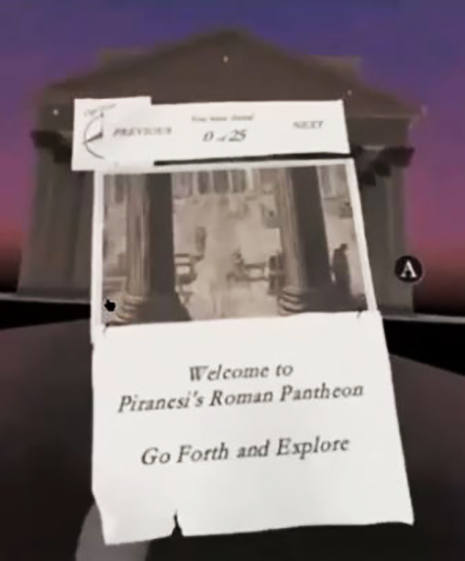 Virtual reality rendition of the Pantheon with Welcome to Piranesi's Roman Pantheon, Go Forth and Explore written in text over the image