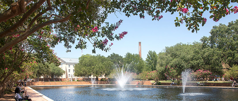 Three fountains in a reflecting pool surrounded by benches with a view of campus and the USC smokestack in the background and a canopy of flowering trees in foreground on a sunny day. 