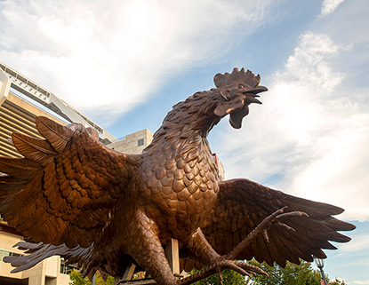 Bronze Gamecock with its wings outstreatched in front of Williams-Brice Stadium.