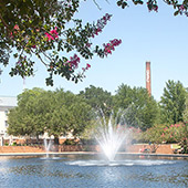 Fountain in a reflecting pool surrounded by flowering trees on a beautiful sunny day with the USC smokestack in the background.