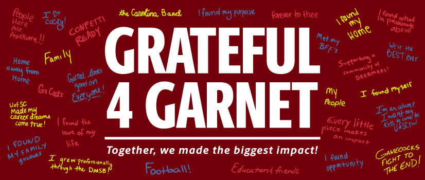 Graphic that reads Grateful 4 Garnet, surrounded by chalkboard style lettering
