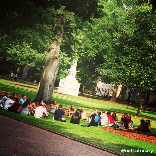 Students having class outside while sitting on the soft, green grass of the Horseshoe.