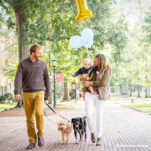 Family captures memories on Horseshoe for son’s first birthday, dad walks with two dogs near young mom holding child and large gold 1 balloon.