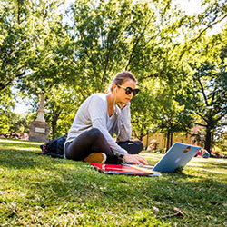 Student sitting on the Horseshoe working on a laptop.