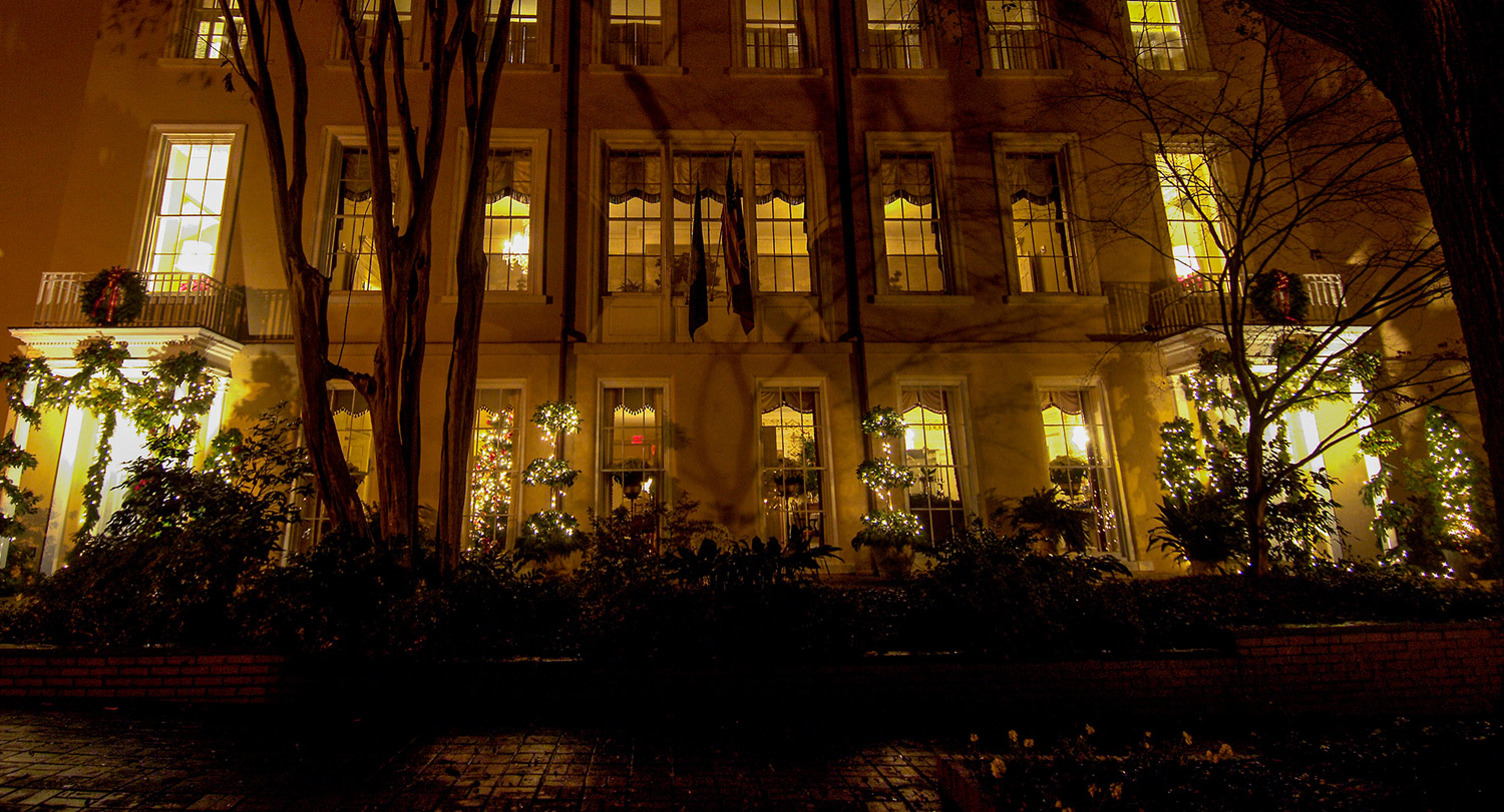 The president's house decorated for the holidays.