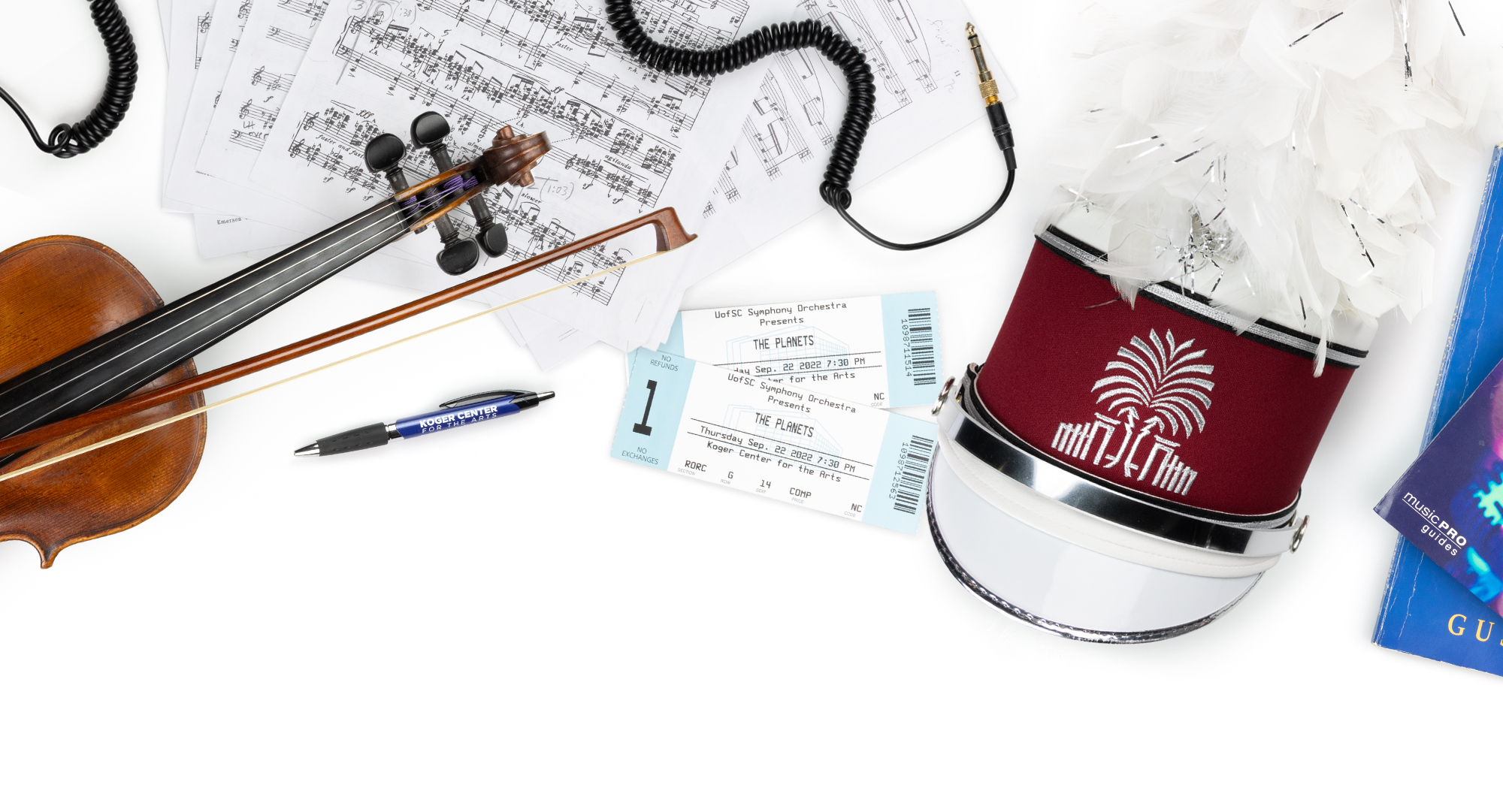 Various items related to the School of Music displayed on a white background. 
