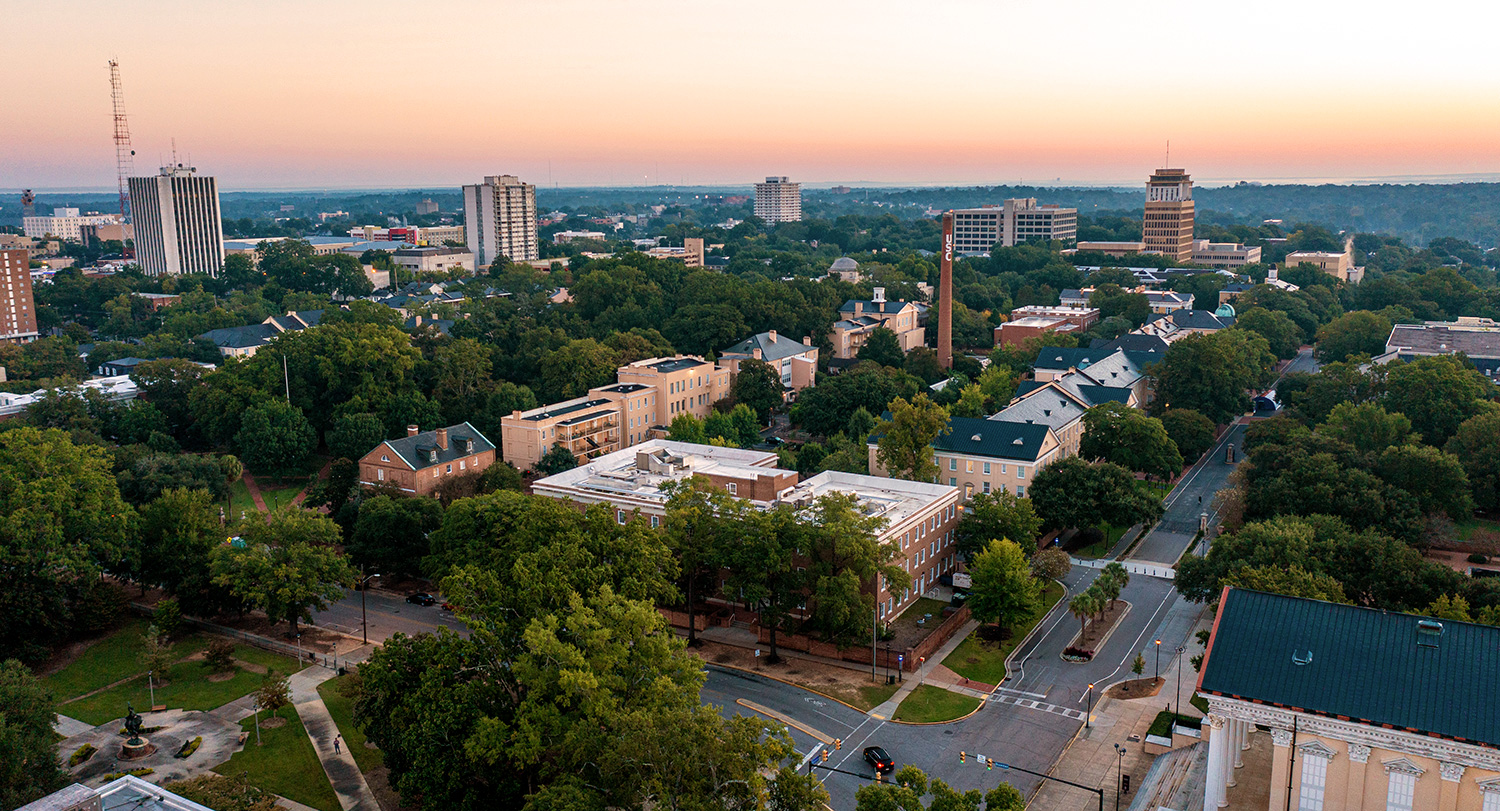 An aerial view of the University of South Carolina’s campus.