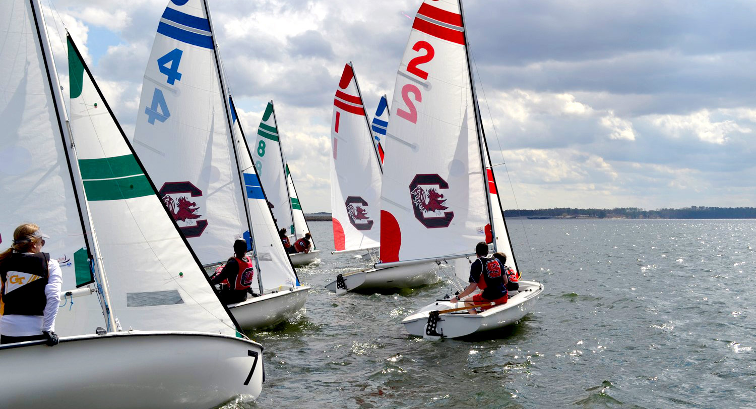 Students sail in one-man sailboats on the water with gamecock logos on the sails.