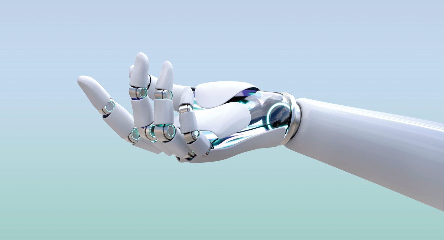 A robotic arm with open hand turned upward toward the sky.