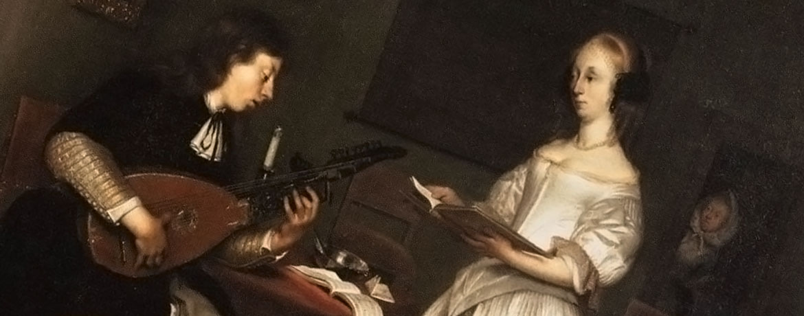 classical painting of a man playing a lute for a music teacher
