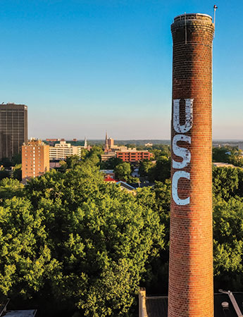 Skyline of Columbia with the USC smokestack in the foreground. 