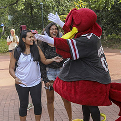 Students get hugs from Cocky on the first day of class