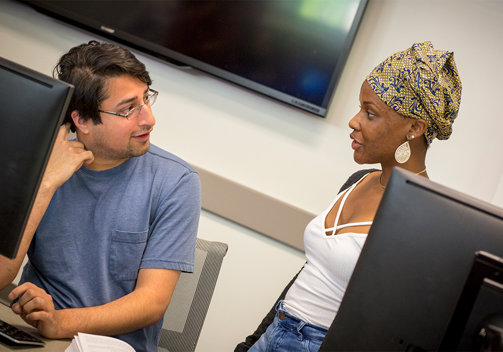 Professor and student talking in a computer lab. 
