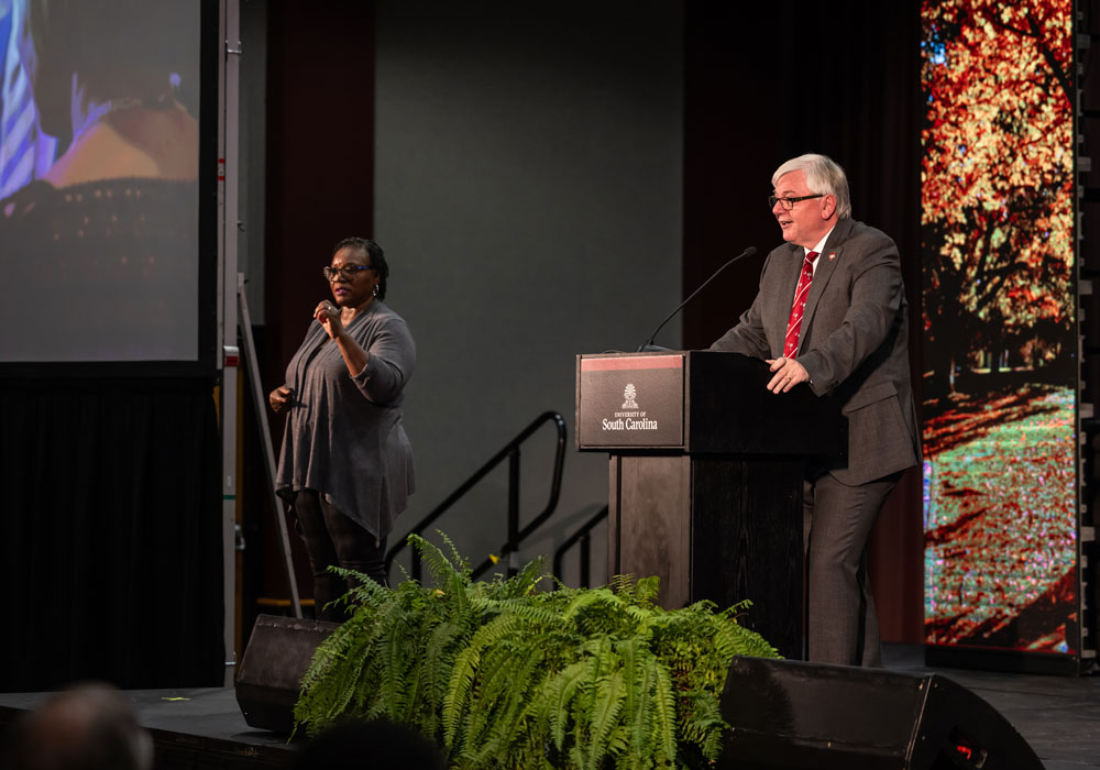 President Amiridis speaks onstage at 2025 State of the University address