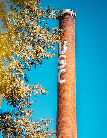 The smokestack with the letters USC on it framed by tree limbs in front of a blue sky.