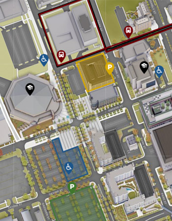 3D rendering of the campus buildings showing the locations pinned for the commencement ceremonies, parking lots and shuttle routes. 