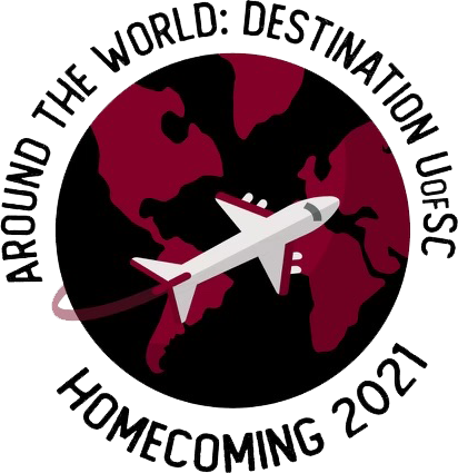 Globe with a plane illustration with the text Around the World: Destination UofSC Homecoming 2021
