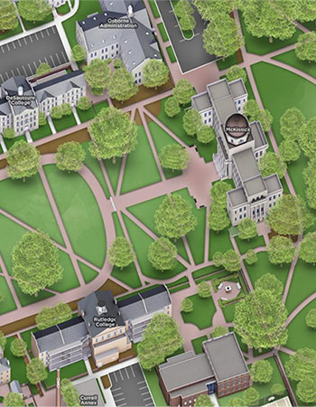 Illustration rendering of campus buildings and the historic horseshoe from the campus map. 