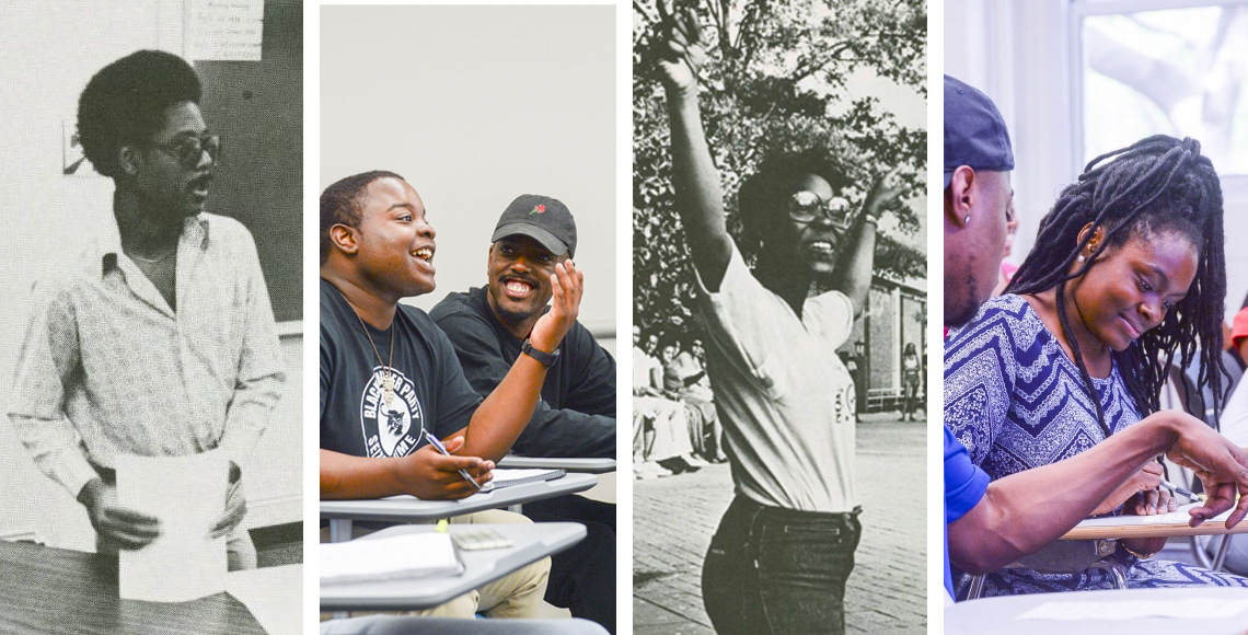A collage of photos through the history of the AFAM program including 2 black and white yearbook photos and two color images of modern classes