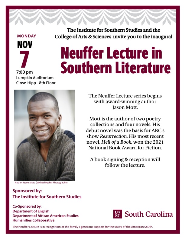 Flyer for Jason Mott discussion featuring image of Mott on left