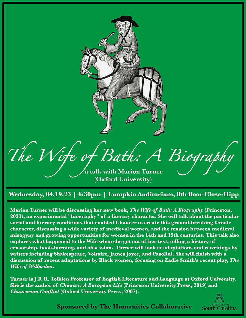 Image of Chaucer's Wife of Bath at top of flyer, event details in paragraph on bottom