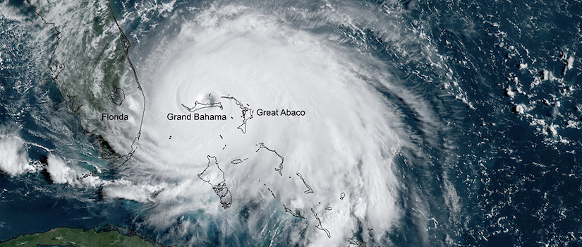 Satellite view of 2019's Hurricane Dorian, a cat 5 storm, over the Bahamas