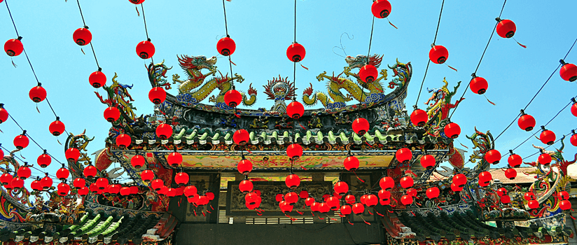 Chinese lanterns hanging in front of temple