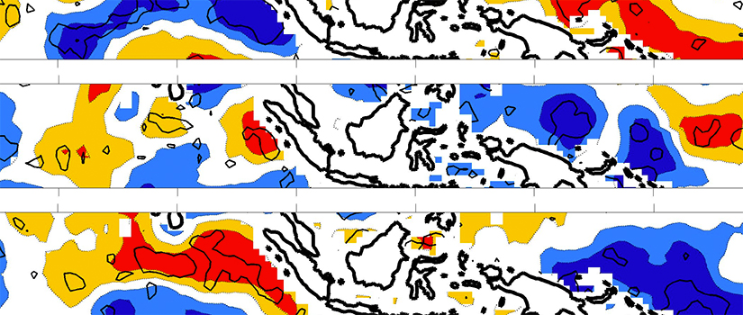 Sattelite imagery, Composites of SSS anomalies during different stages of the MJO propagation.