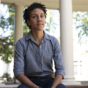 woman in blue shirt