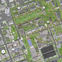 Map of campus with buildings marked with numbered tour stops.