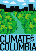 A logo image shows black text on a blue background which reads: Climate Ready Columbia. In the background are green trees and a city scape silhouette agains a blue sky background with white clouds.