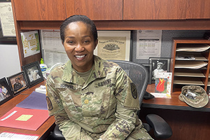 Major Frances Igboeli at her desk.