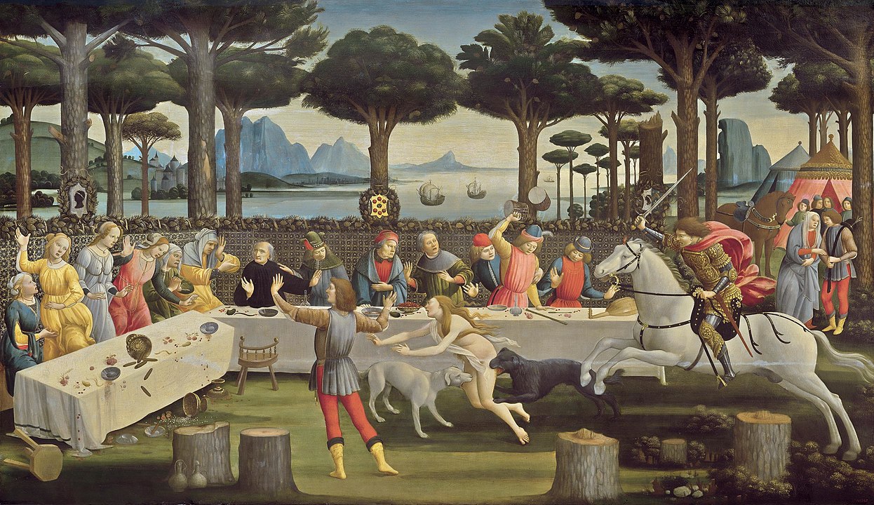 A painting of a group of people having a feast in a forest. A girl is being chased by a dog and a knight.