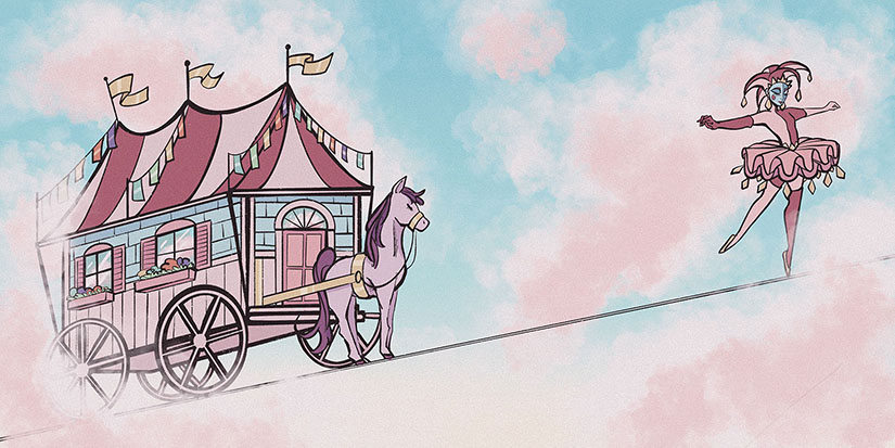  A digital drawing of a ballerina dressed in a pink jester’s costume and a pink horse-pulled carriage both walking a tight rope. The characters are set against a blue and pink sky.