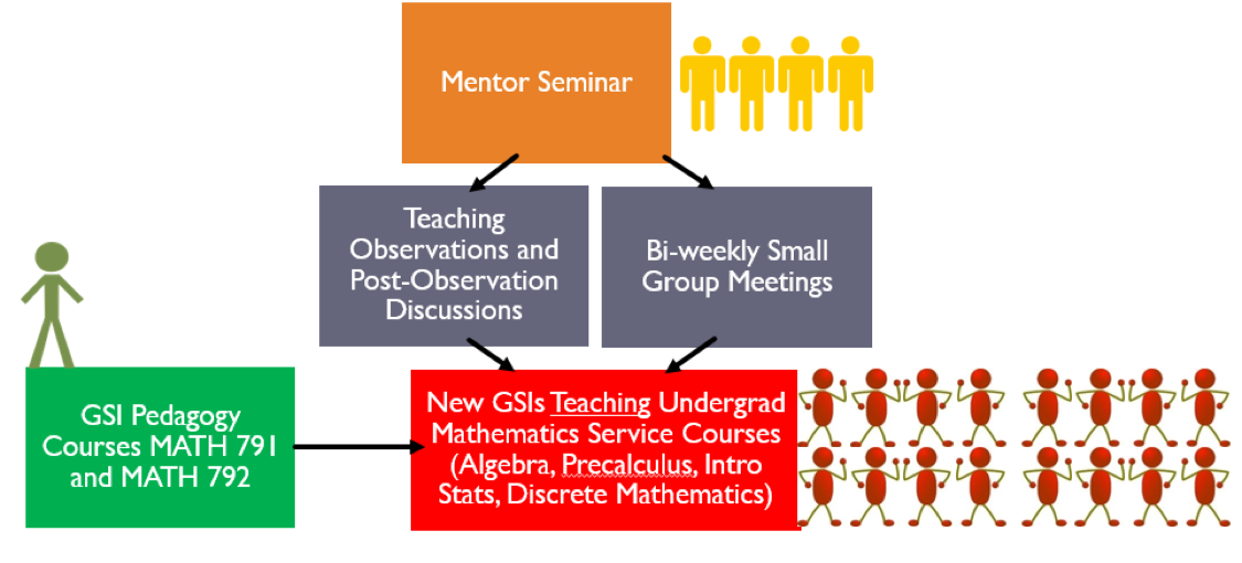 Transition from GTA to GSI flowchart: Mentor Seminar, which points to both Teaching Observation with Discussion and Bi Weekly Small Group Meetings. And those two together with the Pair of Pedagogy Courses, Math 791 and Math 792, all point to New GSIs Teaching Undergrad Mathematics Service Courses.