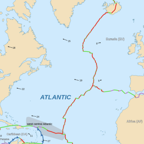 Map showing the location of the Mid-Atlantic Ridge