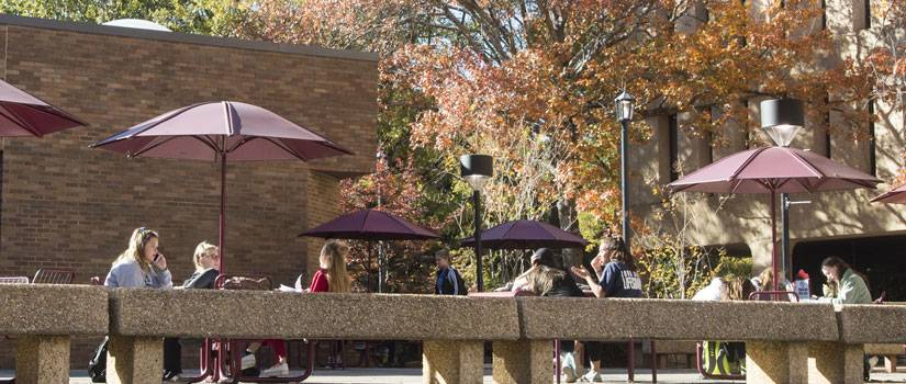 Students sitting at tables outside in the fall sun
