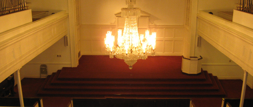 Rutledge Chapel and historic chandelier from the vantage point of the balcony