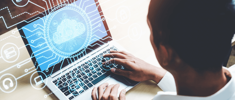 banner photo showing man working on pc with data
