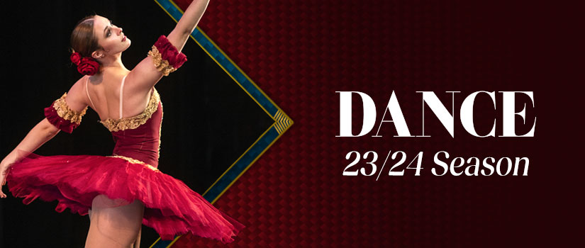 On the left, a ballerina in red tutu looking and gesturing up. On the right the words Dance 23-24 Season.