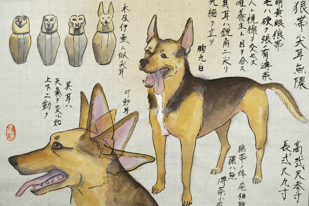 Hiromi Stringer, "Dog 74 (Location Unknown, Wolf-like Pointed Eared with no Facial Marks)", 2022, gouache and sumi ink on oriental paper, 9 ½ x 13 ½ inches