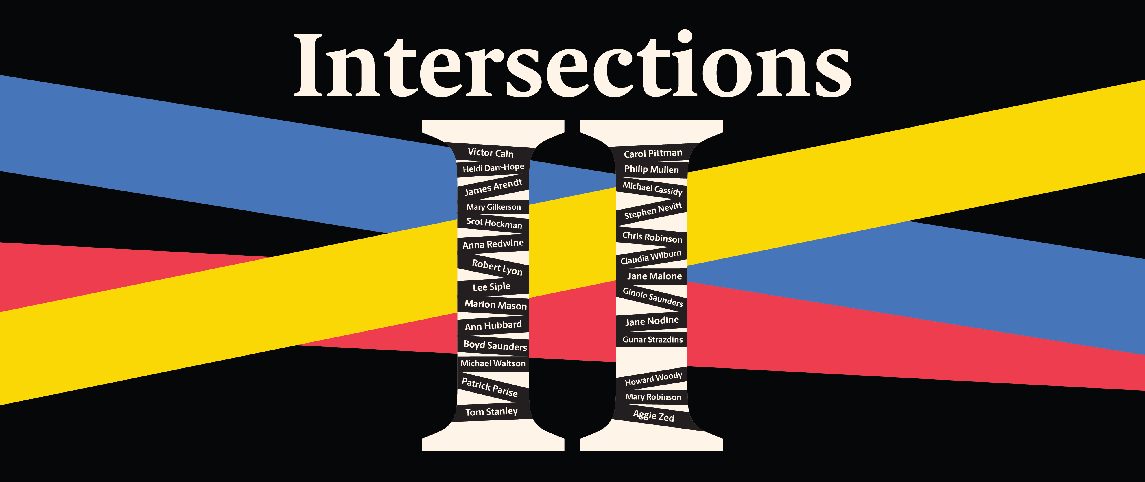 “Intersections II” banner: two ivory columns listing artists, crossed by yellow, blue, and red bands on a black background.