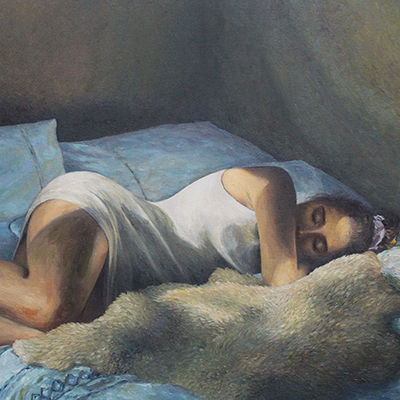 A woman in a white dress sleeps on her side in bed, her head resting on her arm, with soft light casting shadows across the room. A fur blanket lies nearby on the blue sheets.