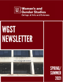Newsletter cover. Garnet and white blocks background. Top has WGST logo. Reads WGST Newsletter Spring/ Summer 2021. Shows image of Close-Hipp building on left side.