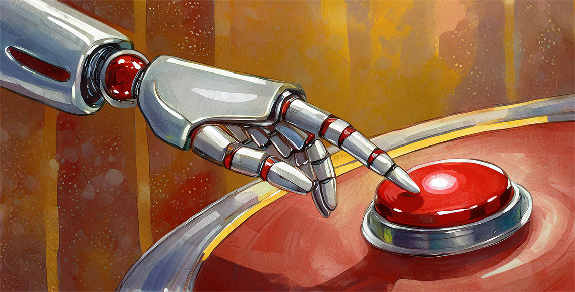 a drawing of a robot arm clicking a button